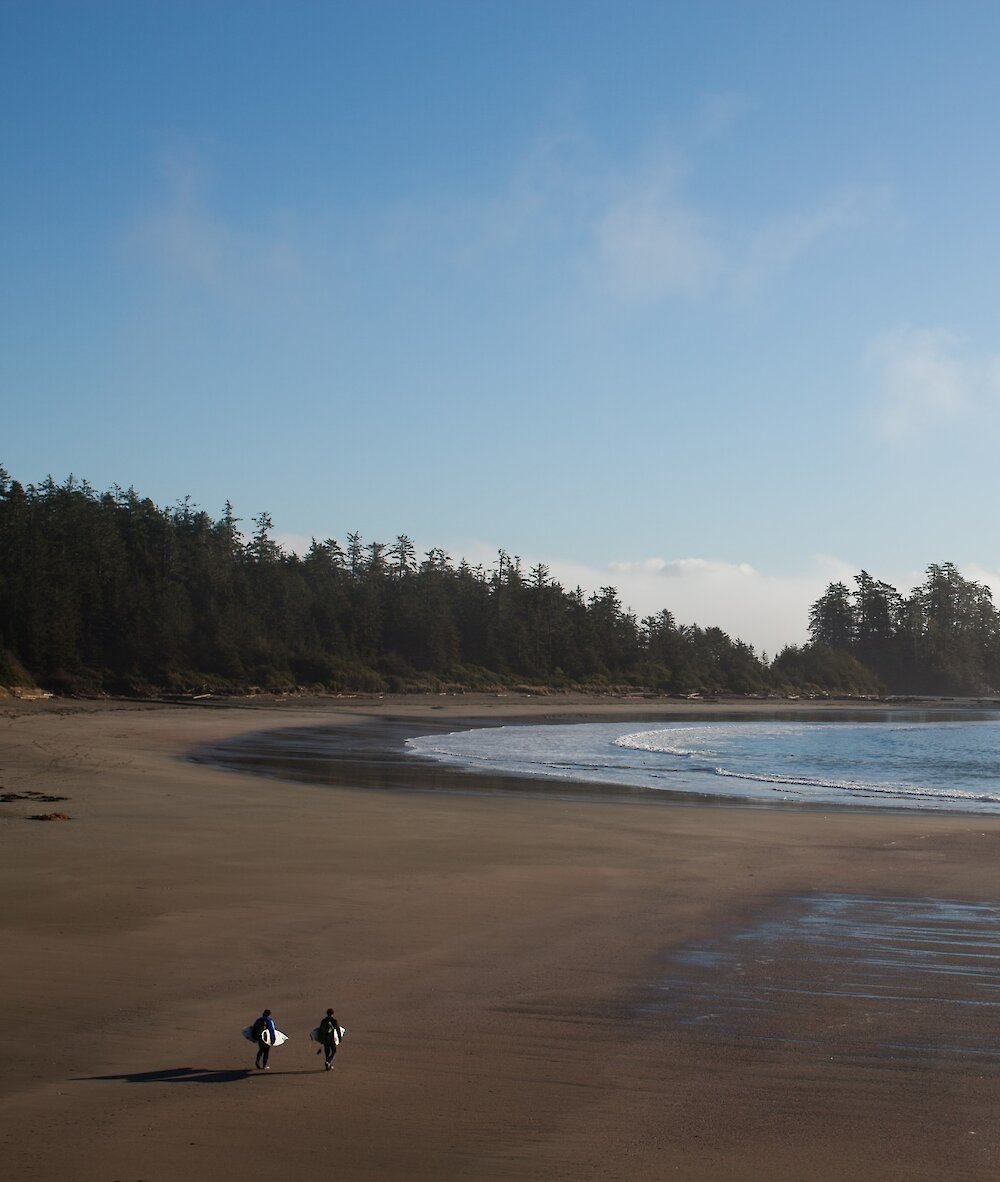 Two surfers walking along a remote beach with their boards